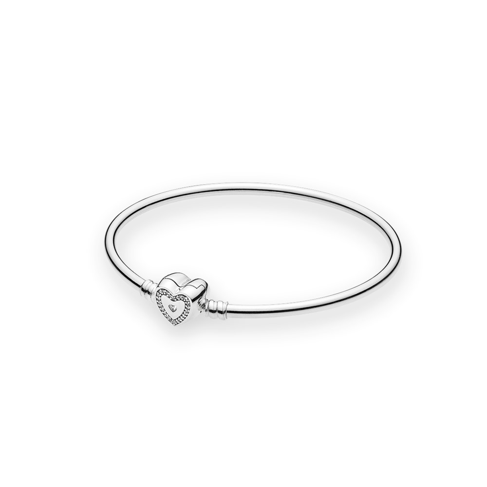 צמיד בנגל PANDORA עם סוגר לב וחריטת FAMILY FOREVER