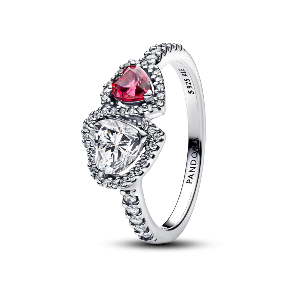 טבעת כסף דאבל לב אדום