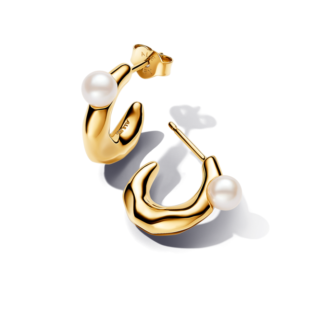 עגילי חישוק פנינה ציפוי זהב צורה גלית