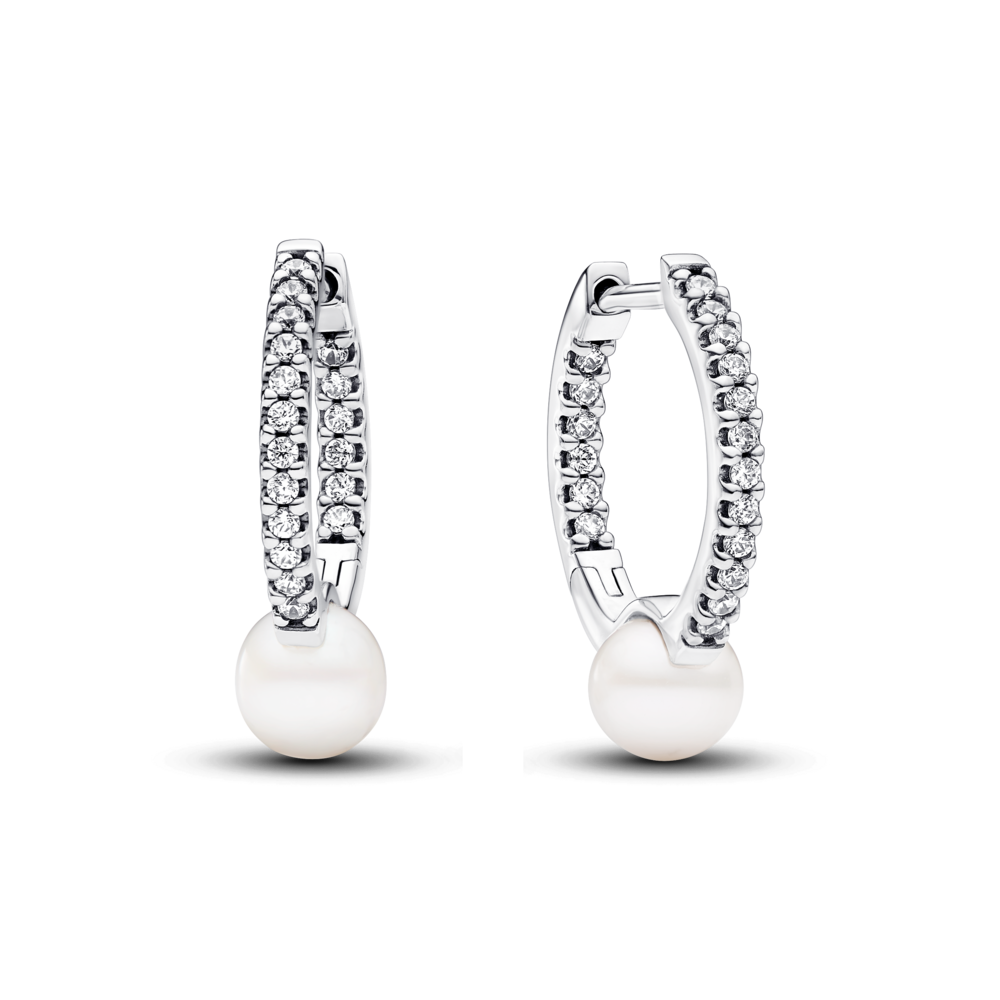 עגילי חישוק כסף זרקונים ופנינה