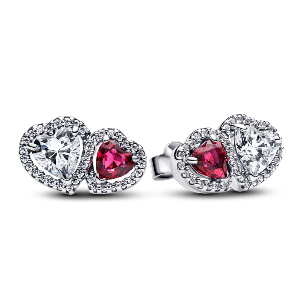 עגילי כסף צמודים דאבל לב אדום