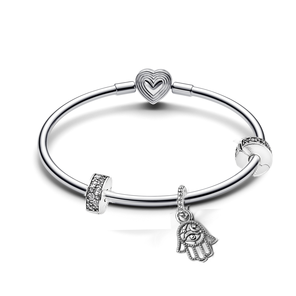 סט צמיד בנגל כסף עם קליפסים ותליון חמסה