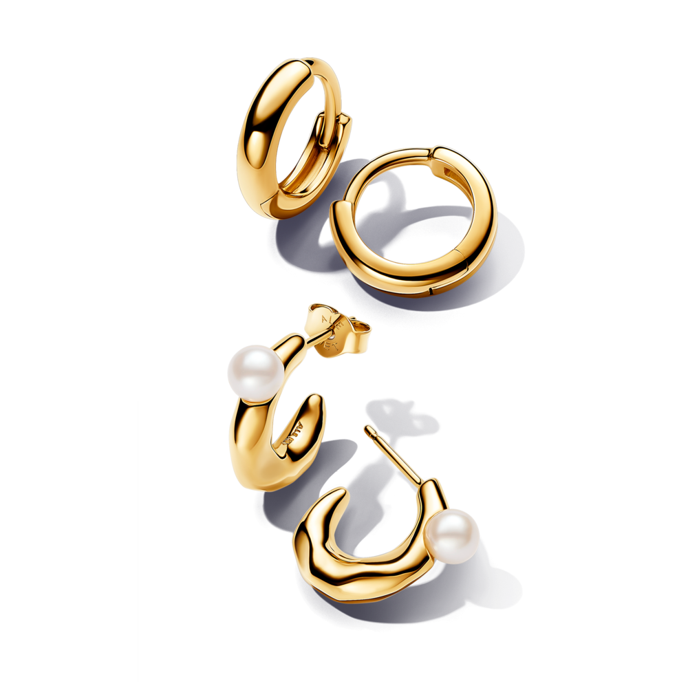 סט 2 זוגות עגילי חישוק ציפוי זהב ופנינה