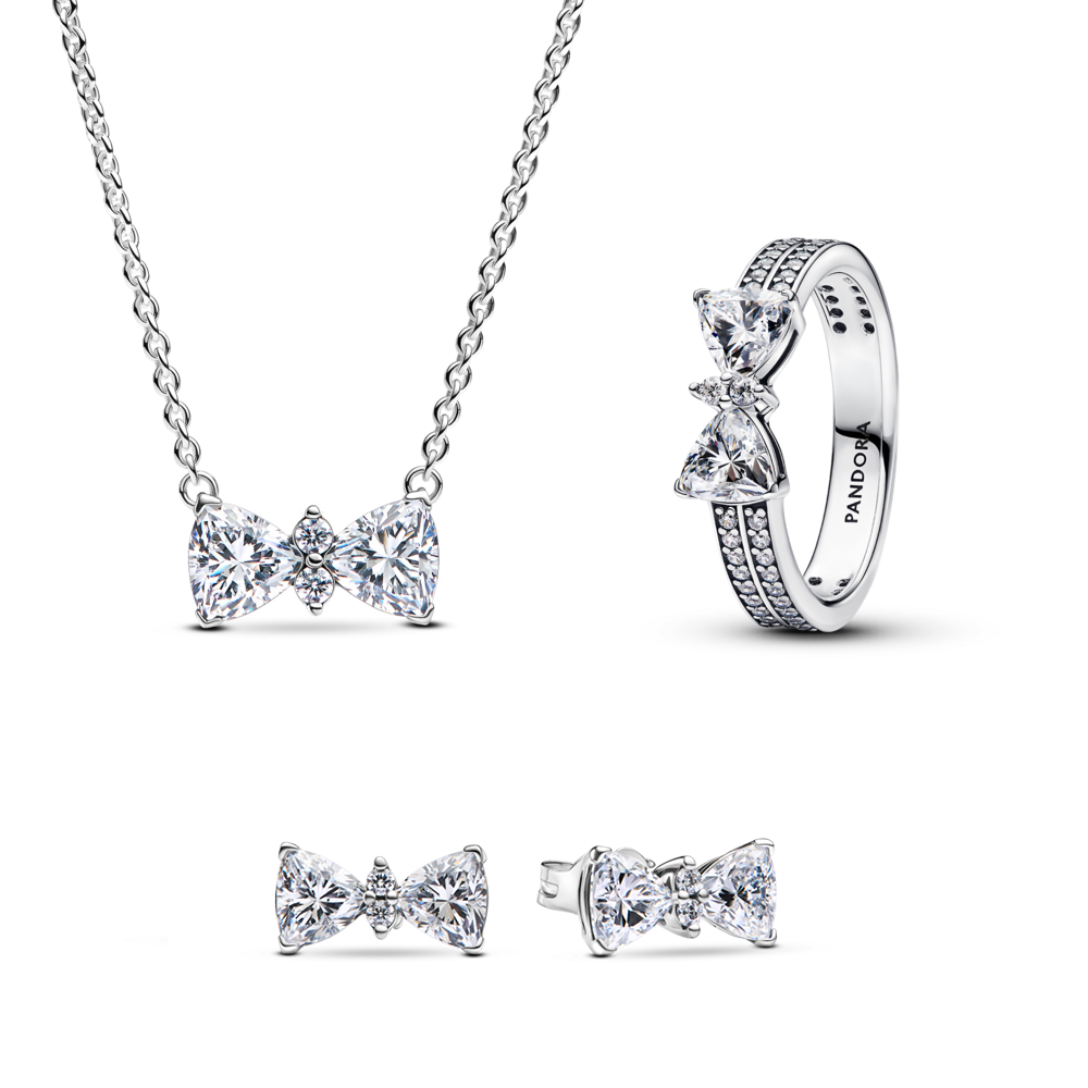 סט כסף טבעת שרשרת ועגילים פפיון נוצץ