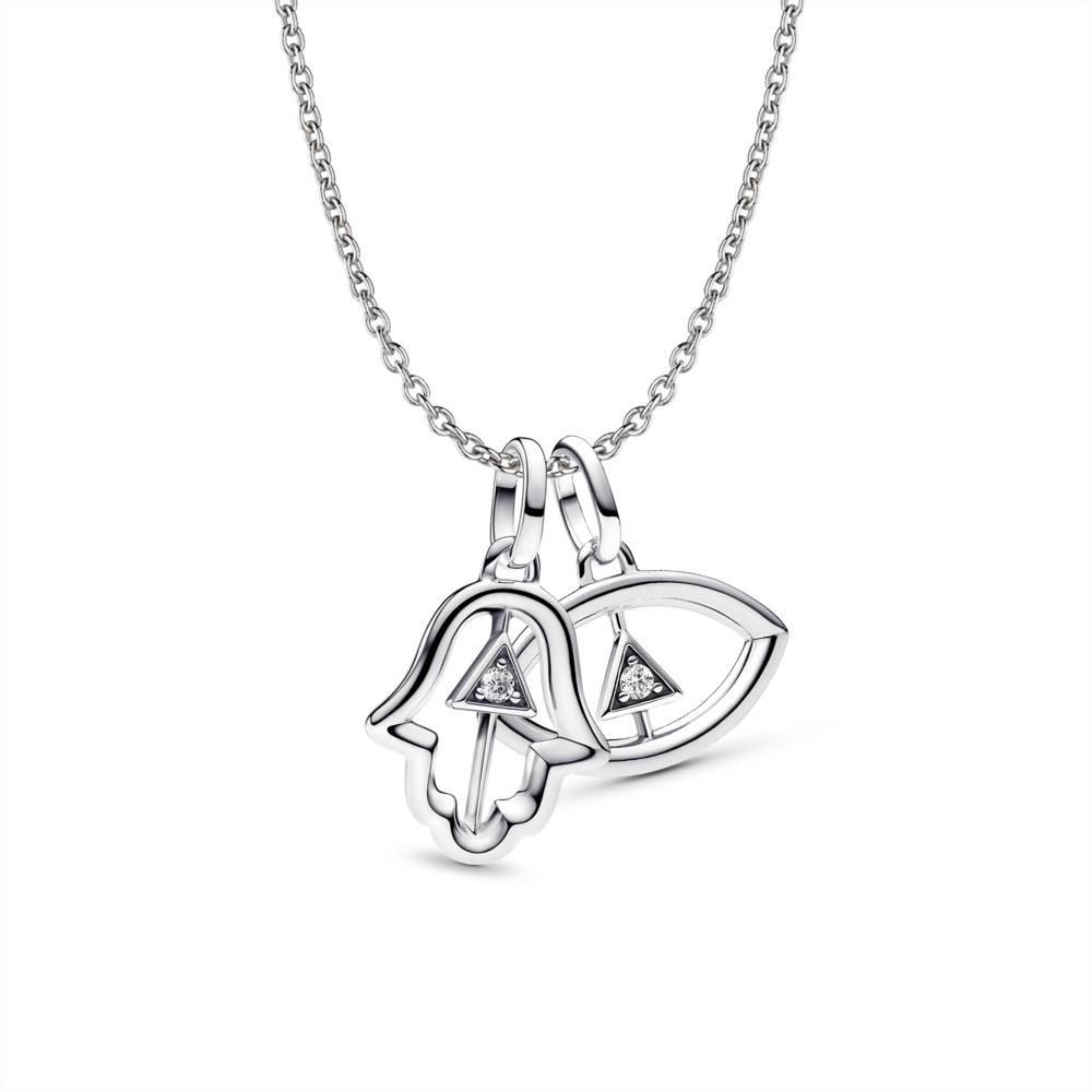 סט שרשרת כסף וזוג תליוני חמסה ועין הרע