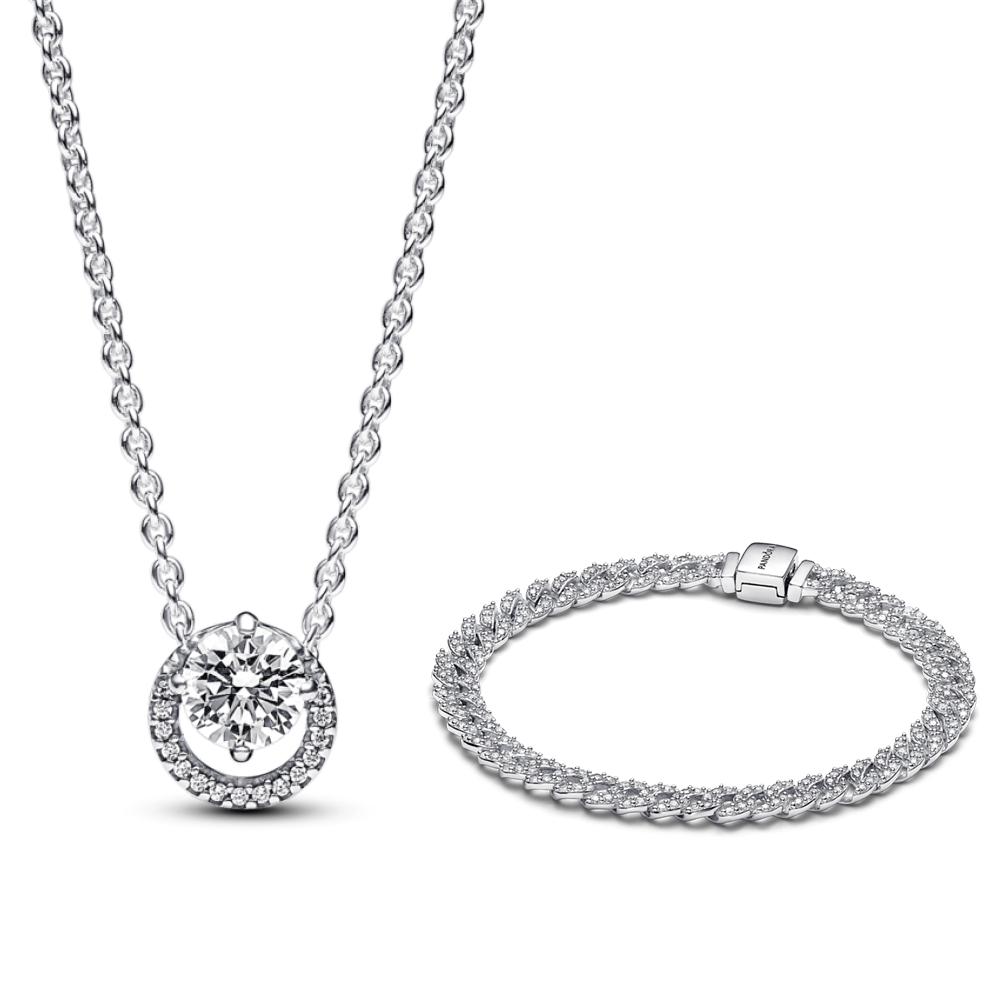 סט כסף שרשרת הילה נוצצת וצמיד פאווה