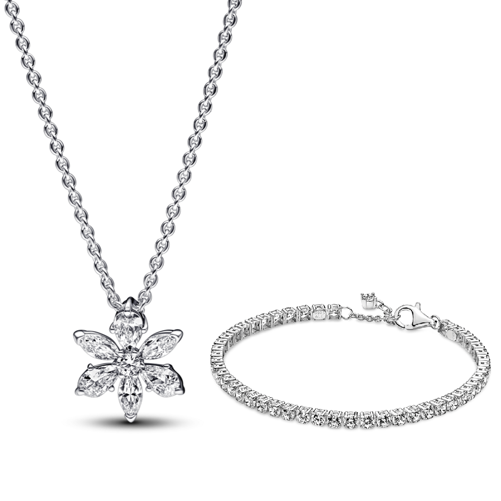 סט שרשרת כסף שייני פלאוור וצמיד טניס מרובע