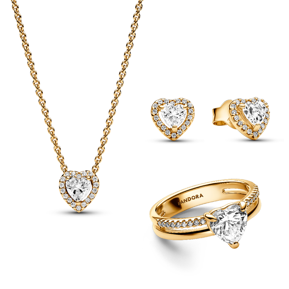 סט ציפוי זהב טבעת, שרשרת ועגילים לב מנצנץ